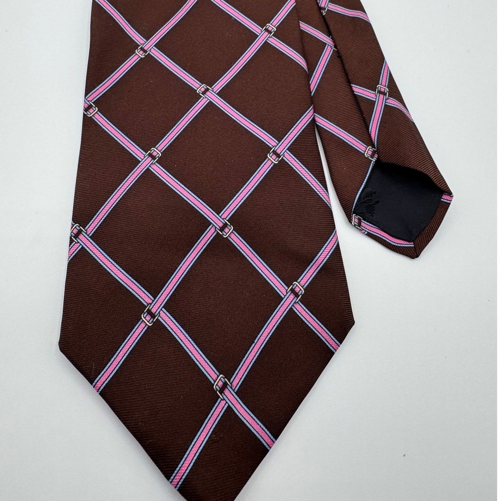Brooks Brothers Makers Silk Tie Brown Pink Blue Belt Buckle Equestrian Pattern